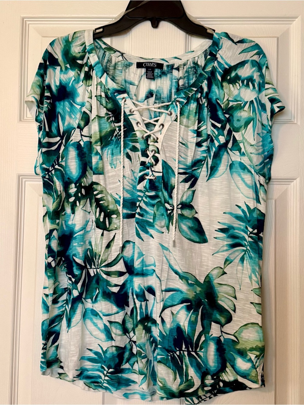 Chaps Lace-Up Tropical Leaf Top - Teal, Green & White